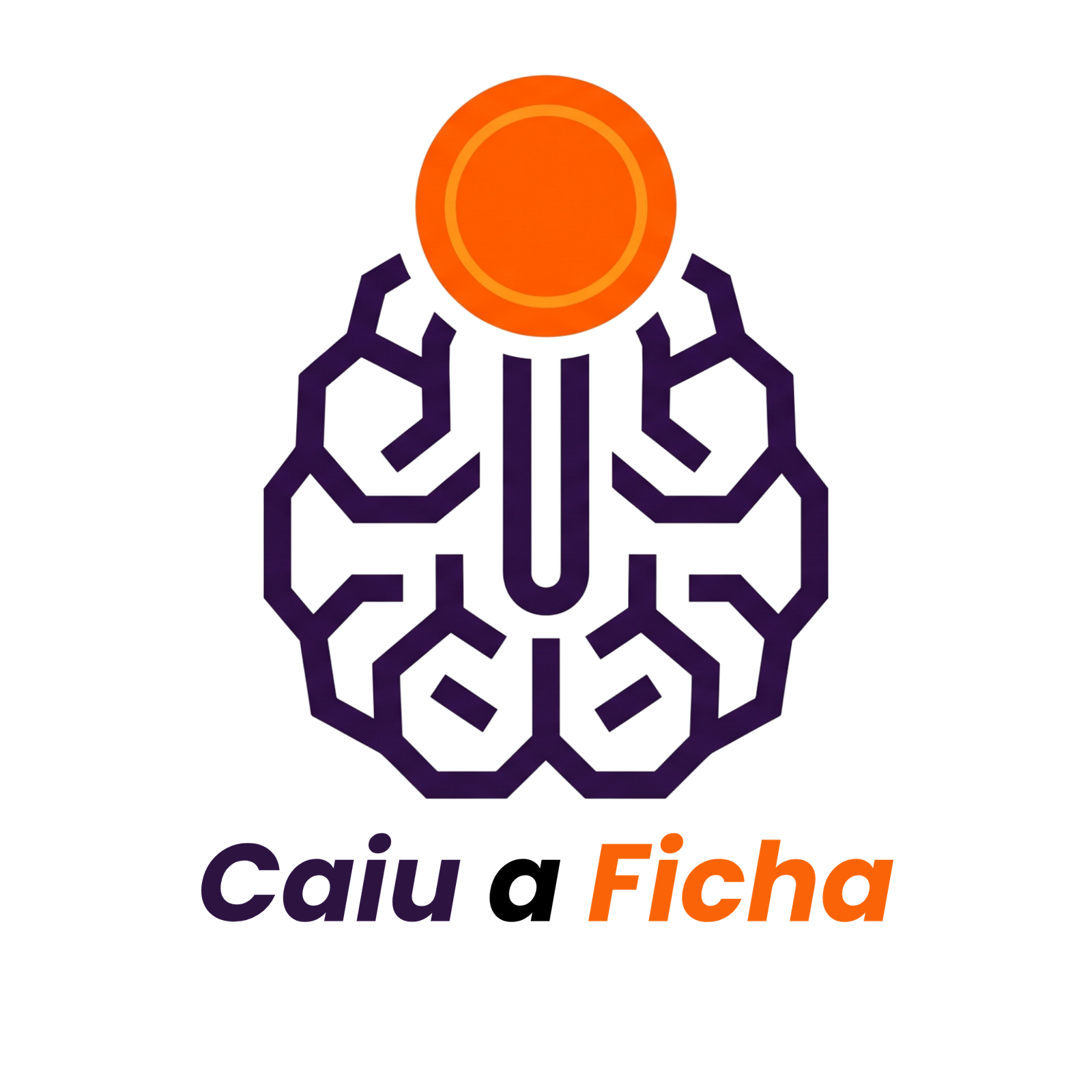 Logotipo do blog Caiu a Ficha. Uma ilustração minimalista em vetor exibindo uma moeda redonda e laranja brilhante caindo verticalmente em uma fenda roxa escura. O espaço negativo ao redor da fenda forma sutilmente a silhueta de um cérebro humano.
