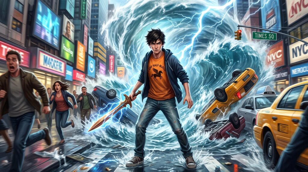 Ilustração de ação em fantasia urbana mostrando um adolescente nas ruas de Nova York empunhando uma espada de bronze brilhante, cercado por uma onda de água e raios.