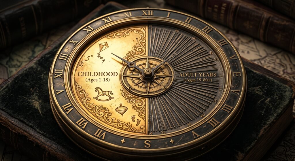 Fotografia macro de um relógio ou bússola de metal antigo dividido exatamente ao meio. A metade esquerda, em ouro brilhante, contém a inscrição "CHILDHOOD (Ages 1-18)" cercada por ícones de uma pipa, cavalo de pau e pião. A metade direita, em bronze escuro e envelhecido, contém a inscrição "ADULT YEARS (Ages 19-80+)" e é fragmentada em dezenas de linhas finas e espremidas.