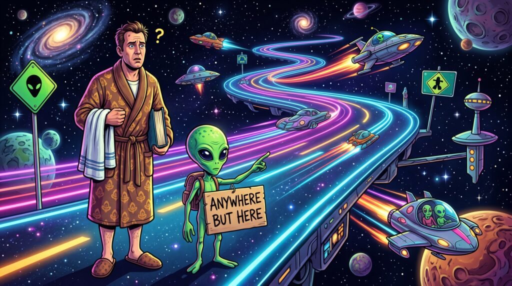 Arte humorística de ficção científica mostrando um homem confuso vestindo um roupão ao lado de um alienígena pedindo carona em uma rodovia espacial iluminada.