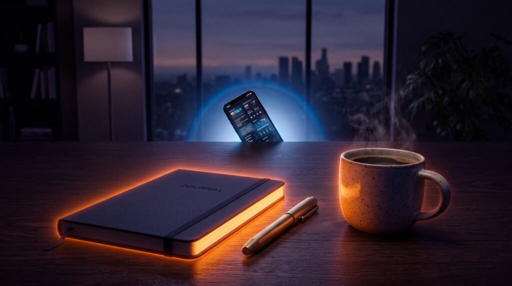 Ilustração conceitual hiper-realista mostrando um smartphone afundando como um sol no horizonte de uma mesa escura, enquanto um caderno físico e uma xícara de cerâmica emanam uma luz laranja quente em primeiro plano.