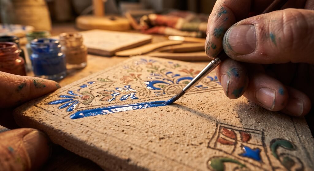 Fotografia macro hiper-realista de mãos trabalhando em um artesanato analógico. O foco está na textura de um azulejo de cerâmica de 10x10cm sendo pintado com um pincel fino, revelando a tinta fresca, os poros da cerâmica e manchas de tinta nos dedos, tudo iluminado por uma luz quente e aconchegante.
