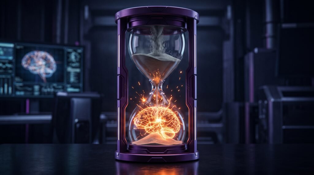 Ilustração conceitual hiper-realista de uma ampulheta de metal roxo escuro. Na parte superior, poeira cinza cai rapidamente e, ao atingir a base, transforma-se em vias neurais e sinapses brilhantes na cor laranja vibrante.
