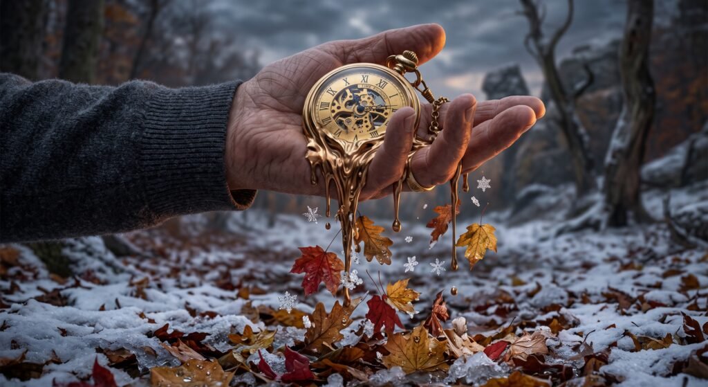 Composição surrealista e hiper-realista mostrando um relógio de bolso derretendo e escorrendo entre os dedos de uma pessoa, cujos pedaços se transformam rapidamente em folhas secas de outono e flocos de neve caindo.