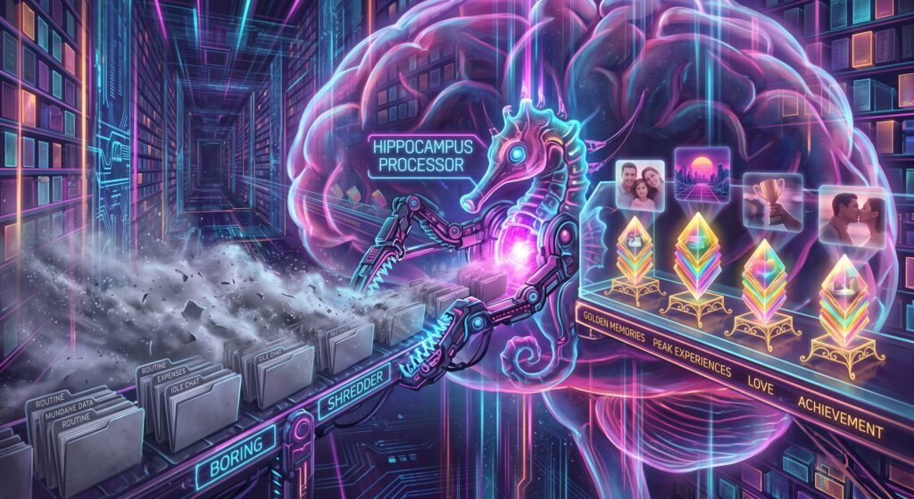 Arte conceitual de uma sala de arquivo digital futurista dentro de um cérebro iluminado. No centro, um nó brilhante (o hipocampo) tritura pastas cinzas monótonas transformando-as em poeira, enquanto preserva algumas poucas memórias vibrantes e douradas. Estilo synthwave com luzes neon.