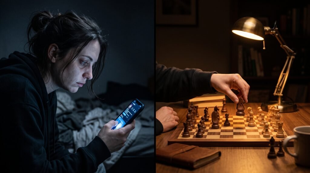 Um close cinematográfico em tela dividida. Na esquerda, o rosto cansado de uma pessoa é iluminado pela luz azul fria e agressiva de um smartphone em um quarto escuro. Na direita, as mãos da mesma pessoa, sob luz quente e acolhedora de uma luminária de mesa, movem uma peça de xadrez de madeira em um tabuleiro físico.