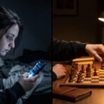 Um close cinematográfico em tela dividida. Na esquerda, o rosto cansado de uma pessoa é iluminado pela luz azul fria e agressiva de um smartphone em um quarto escuro. Na direita, as mãos da mesma pessoa, sob luz quente e acolhedora de uma luminária de mesa, movem uma peça de xadrez de madeira em um tabuleiro físico.